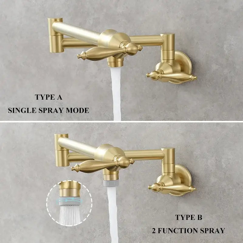 Gold-colored brass double joint telescopic kitchen faucet with two spray modes for versatile decorbites brass double use