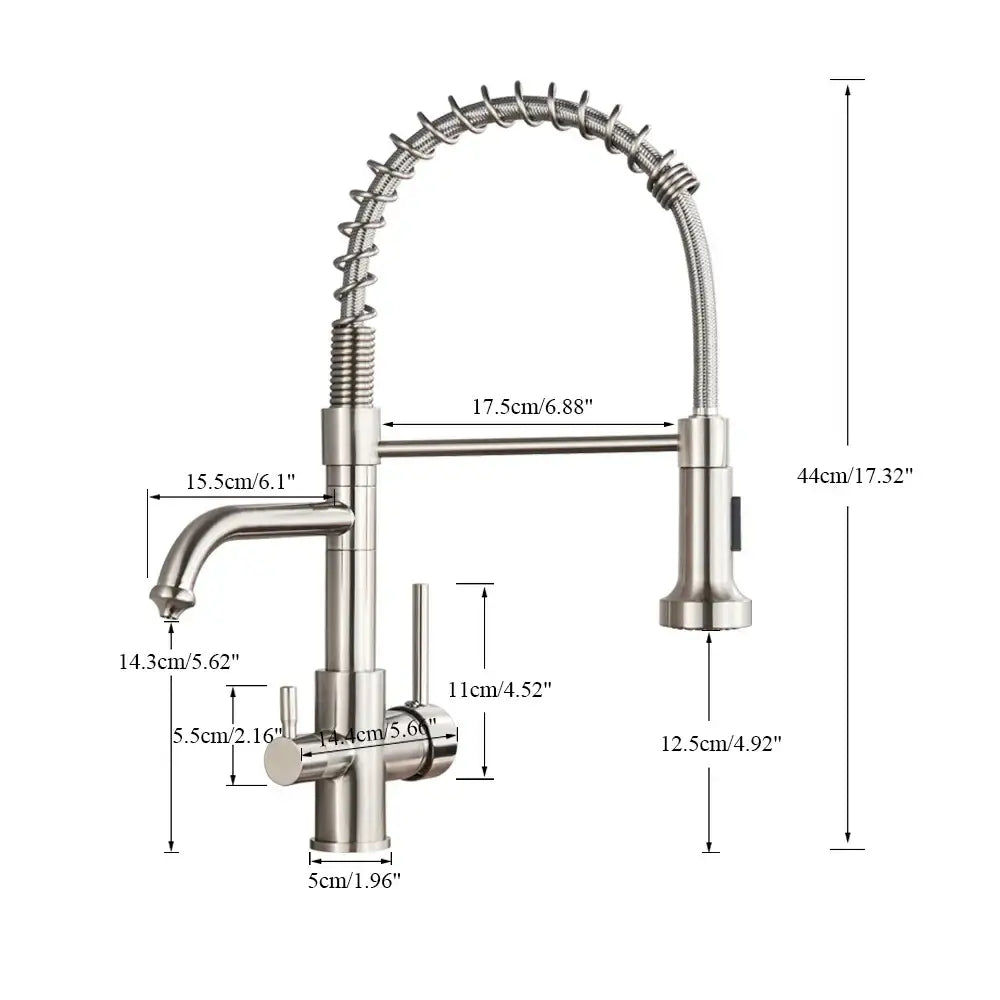 Brass dual spout water filter faucet with stainless steel flexible coiled gooseneck and pull down spray head