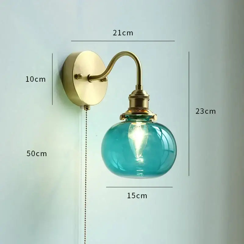 Brass glass copper led wall sconce with turquoise globe and exposed filament bulb for bedroom mirror with pull chain