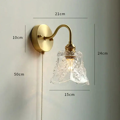 Antique brass led wall sconce with clear intricately etched glass copper led wall shade and pull chain for bedroom mirror