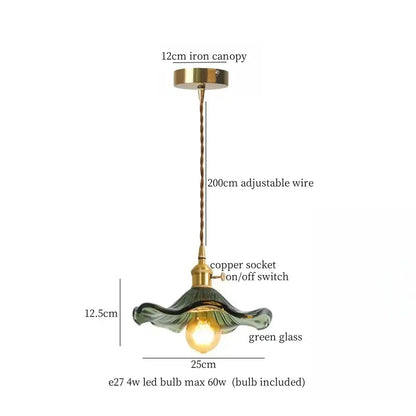 Green glass pendant lamp with 12cm iron canopy and adjustable copper wire from decorbites brass glass lotus collection