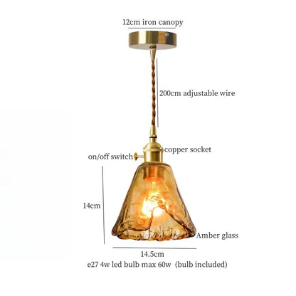Warm amber brass glass lotus pendant lamp with brass iron canopy and copper socket, adjustable 200cm wire by decorbites