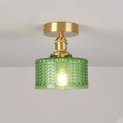 Brass glass shade pendant ceiling lamp with green textured glass and brass-finished metal fixture for kitchen lights
