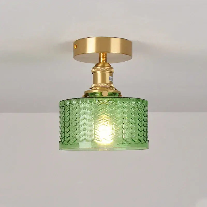 Brass glass shade pendant ceiling lamp with green textured glass and brass-finished metal fixture for kitchen lights