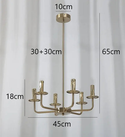 A modern brass iron art chandelier with six candle-style arms and 65cm height for dining room decorbites chandelier lights