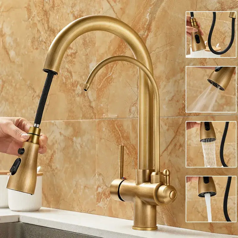 Brass kitchen faucet by decorbites with pull-down black hose and water filter tap in brass finish for modern kitchens
