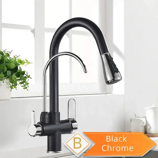 Black chrome kitchen faucet with sleek curved spout pull-down spray head and water control for filtered water use