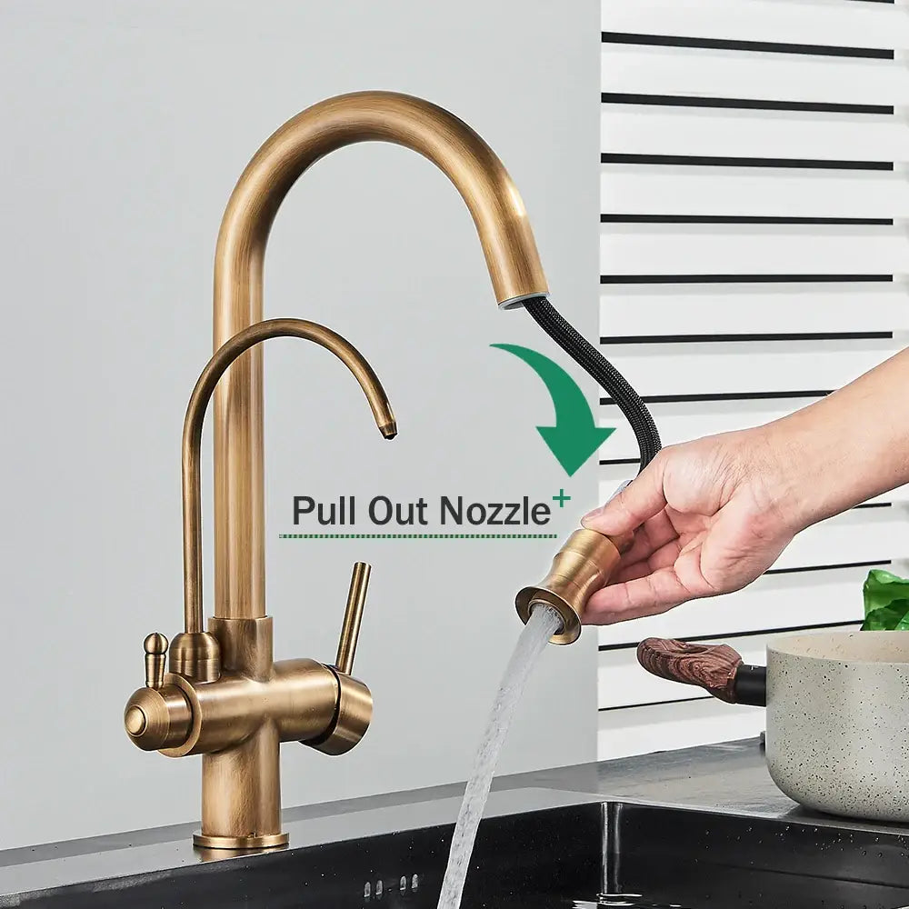 Brass kitchen faucet with pull down spray, dual handles, curved spout, and water control in brass finish