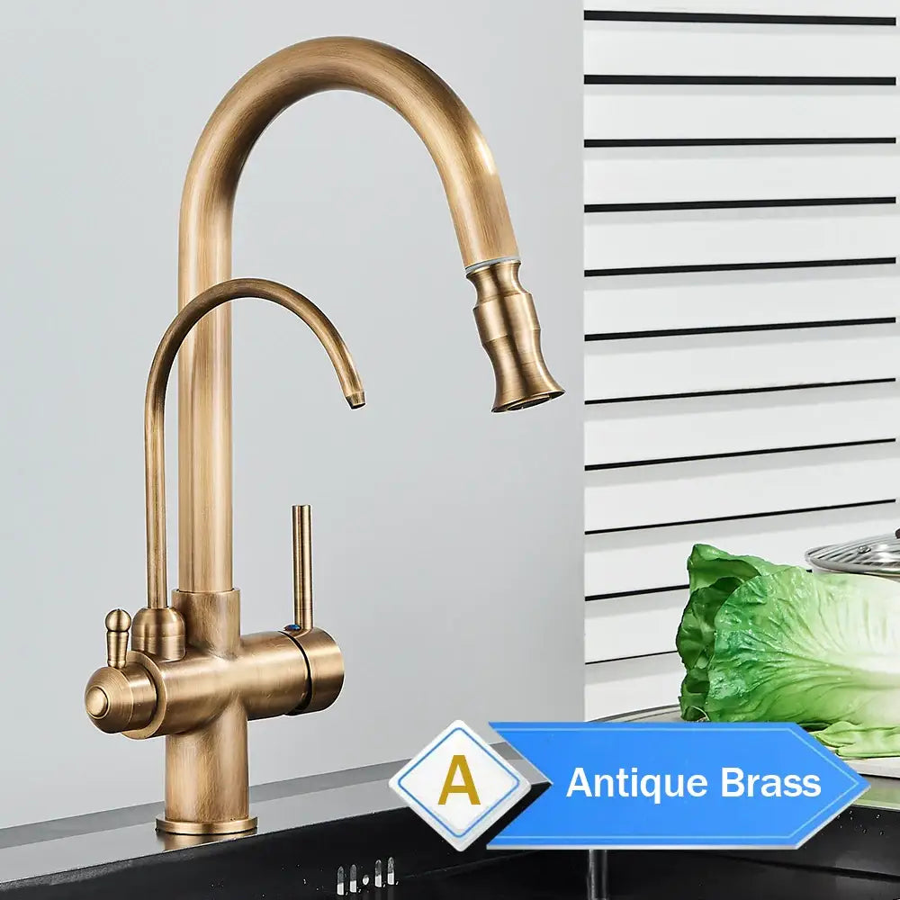 Antique brass kitchen faucet with curved spout, dual handles, pull down spray, and water control filter features