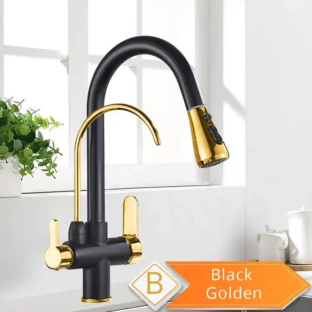 Brass kitchen faucet with black and gold dual handles, curved spout, pull down spray, and water control filter feature