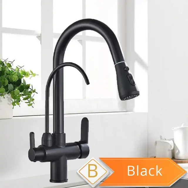 Black matte-finish brass kitchen faucet with curved spout pull-down spray head and water control filter system
