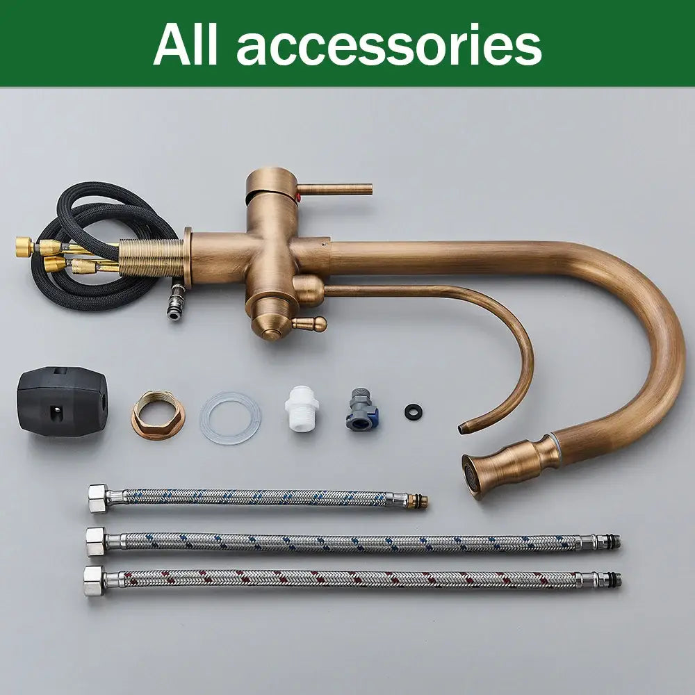 Brass kitchen faucet with curved spout pull down spray and water control filter in brass finish