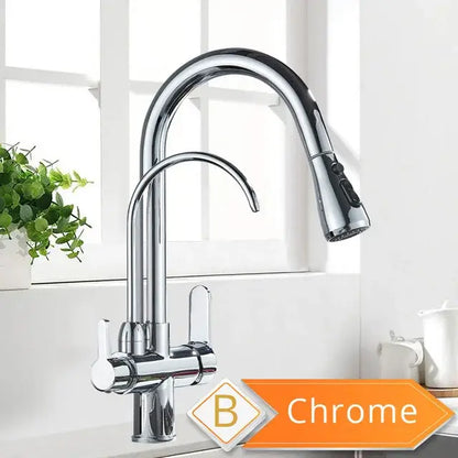 Chrome finished brass kitchen faucet with sleek arched spout pull down spray and water control filter system