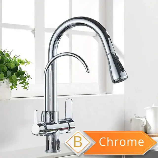 Chrome finished brass kitchen faucet with sleek arched spout pull down spray and water control filter system