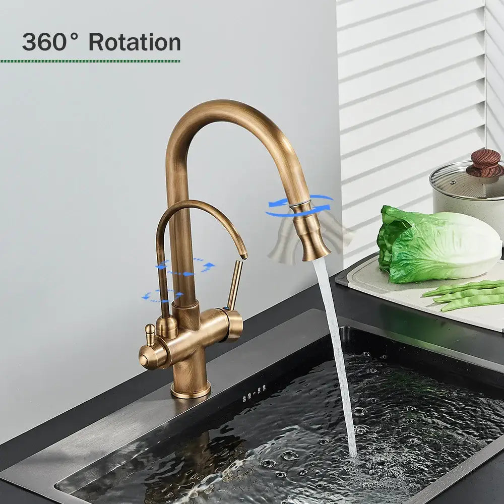 Brass kitchen faucet with pull down spray, dual handles, and water control in a brass finish with curved spout