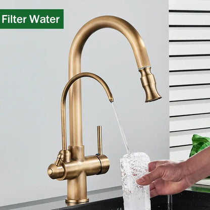 Brass kitchen faucet with curved spout pull down spray and integrated filter for precise water control