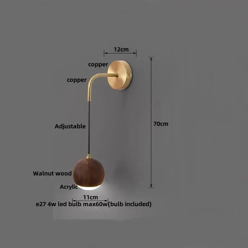 Copper-finished brass led walnut wood wall lamp with adjustable arm and spherical walnut wood diffuser for bedroom decorbites led walnut