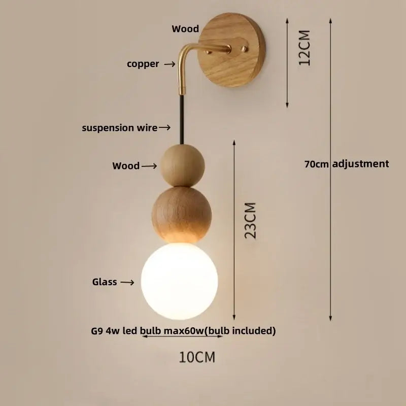 Minimalist wall lamp with led walnut wood base, brass arm, and spherical glass globe for modern bedroom decorbites led walnut