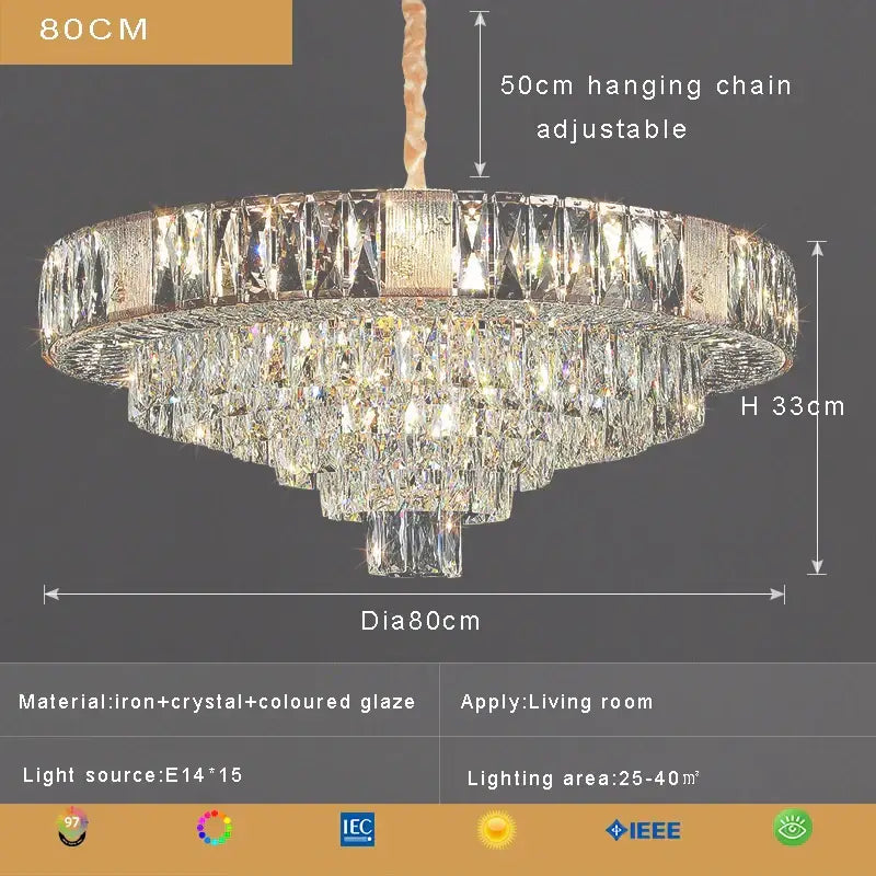 Elegant brass multi tiered decorbites crystal ceiling chandelier with iron frame and adjustable chain for modern living rooms