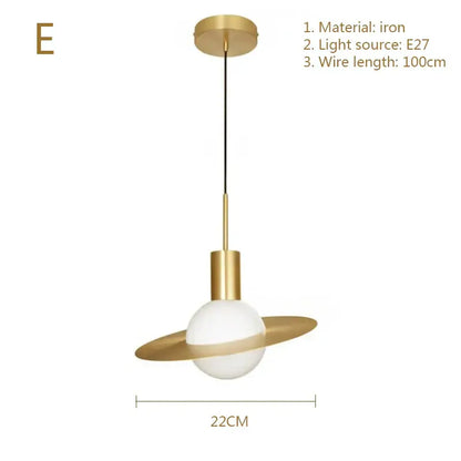 Gold-toned iron pendant light with frosted glass globe and flat ring in nordic simplicity e27 led style for bedroom