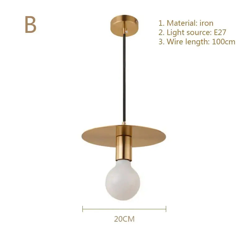 Minimalist brass pendant lights with circular iron disc and black cord suspension featuring nordic simplicity e27 bulb