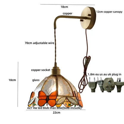 Brass orange butterfly stained glass wall light fixture with copper sconce for bedroom decorative lighting