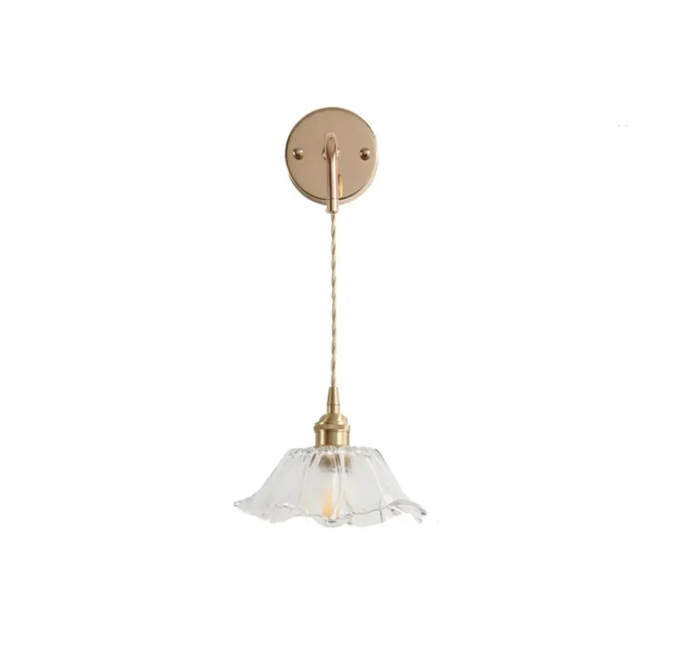 A brass petal glass decorbites adjustable led wall light with clear glass shade and twisted cord for bedroom use