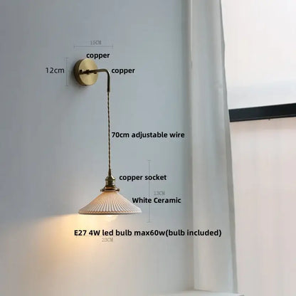 Brass petal glass decorbites adjustable led wall light with brass copper bracket and white ceramic shade for bedroom