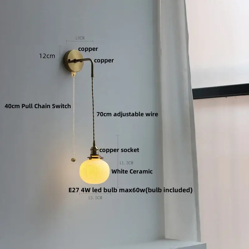 Copper wall light with white ceramic globe and adjustable wire decorbites adjustable led for bedroom use
