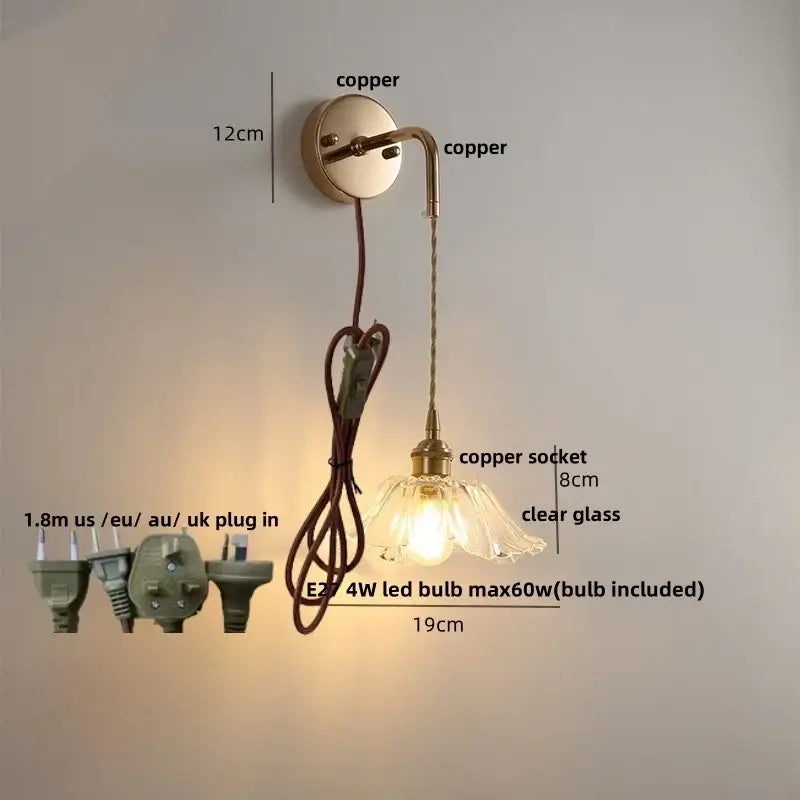 Copper brass petal glass decorbites adjustable led wall light with clear flower-shaped shade and 18cm cord for bedroom