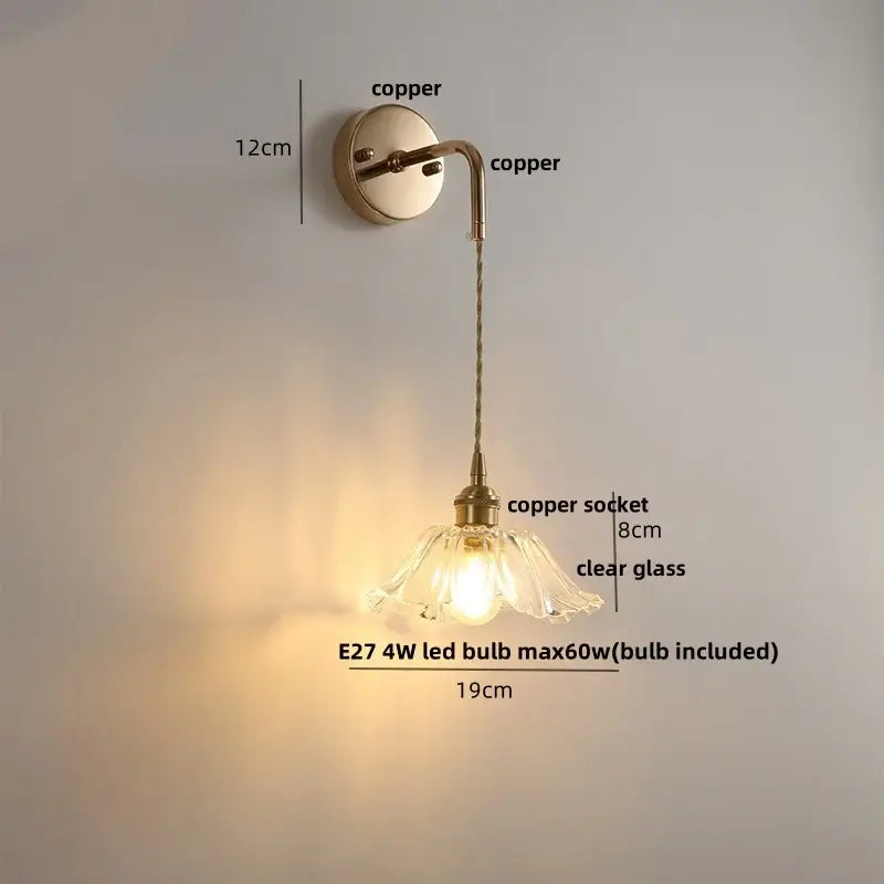 Copper wall light with brass petal glass shade and e27 led bulb decorbites adjustable led for bedroom use