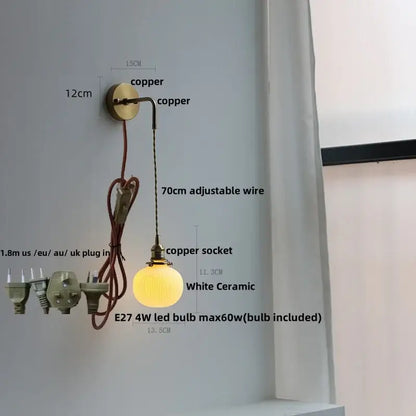 Copper wall light with white ceramic globe and adjustable wire in brass petal glass decorbites adjustable led bedroom light
