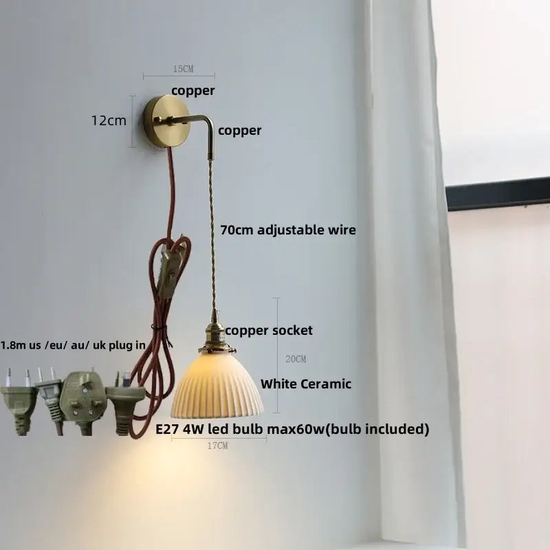 Copper-finished wall light with white ceramic fluted shade and adjustable wire featuring decorbites adjustable led design