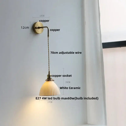 Copper-finished wall light with a white ceramic fluted shade and adjustable wire decorbites adjustable led bedroom lamp