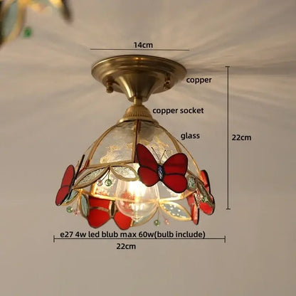 Brass red butterfly glass led ceiling light with decorative copper and glass featuring red stained-glass butterflies and leaves