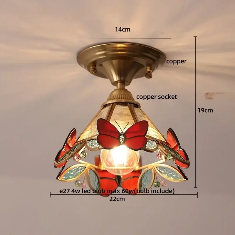 Brass red butterfly glass led ceiling light with copper base featuring vibrant red butterflies and leaf motifs decorbites butterfly glass