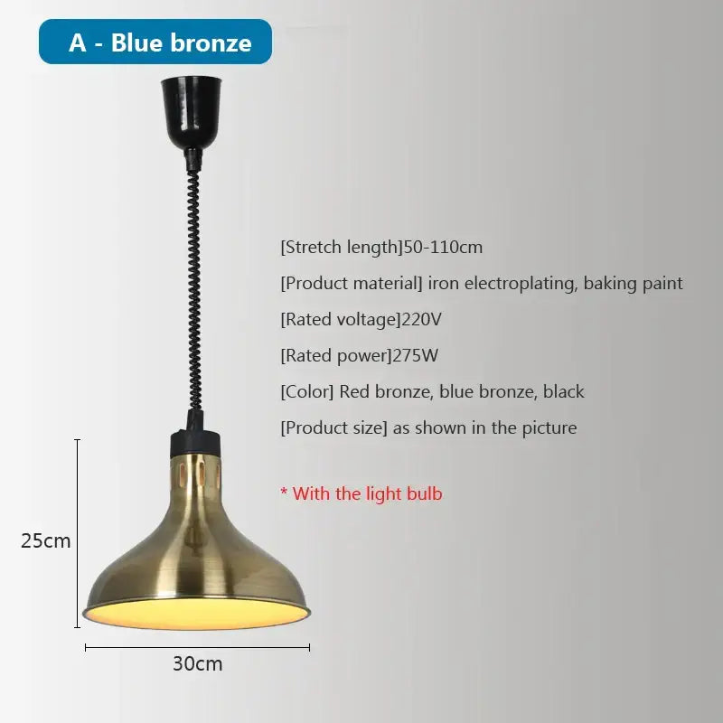 Blue bronze industrial pendant light with flexible black coiled cord and flared metallic shade for electric 275w food heat use