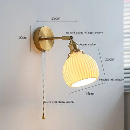 Vintage brass led wall sconce with ribbed ceramic led shade and adjustable copper socket for bedroom mirror lighting decorbites ceramic led