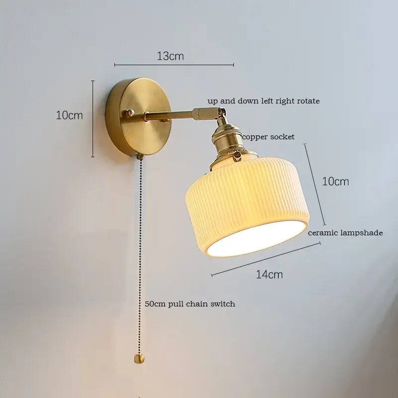 Brass ribbed ceramic led wall sconce with cream ceramic lampshade and 50cm pull chain switch for bedroom decorbites ceramic led lighting