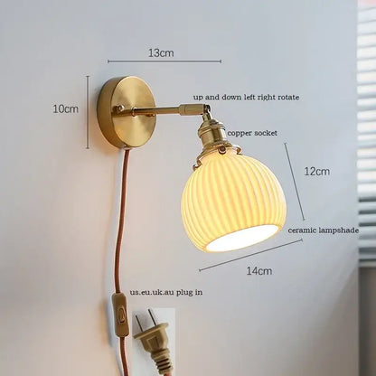 Brass ribbed ceramic led wall sconce lamp with adjustable brass finish for bedroom mirror lighting by decorbites ceramic led