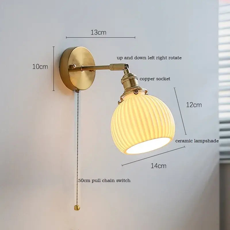 Brass ribbed decorbites ceramic wall sconce with iron arm and adjustable copper socket for bedroom lighting