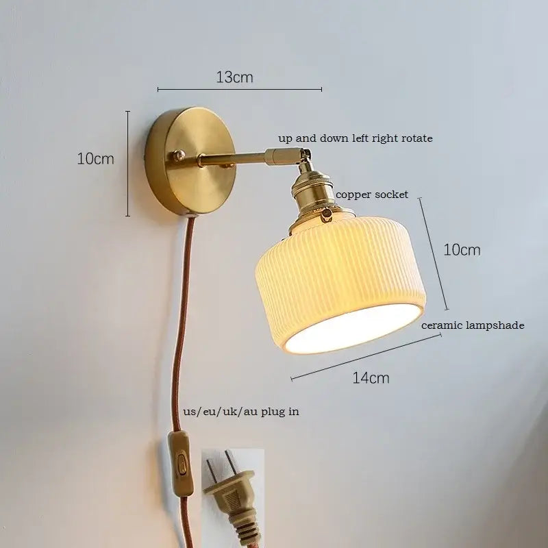 Vintage-style brass wall sconce with ribbed decorbites ceramic shade and iron arm for bedroom lighting
