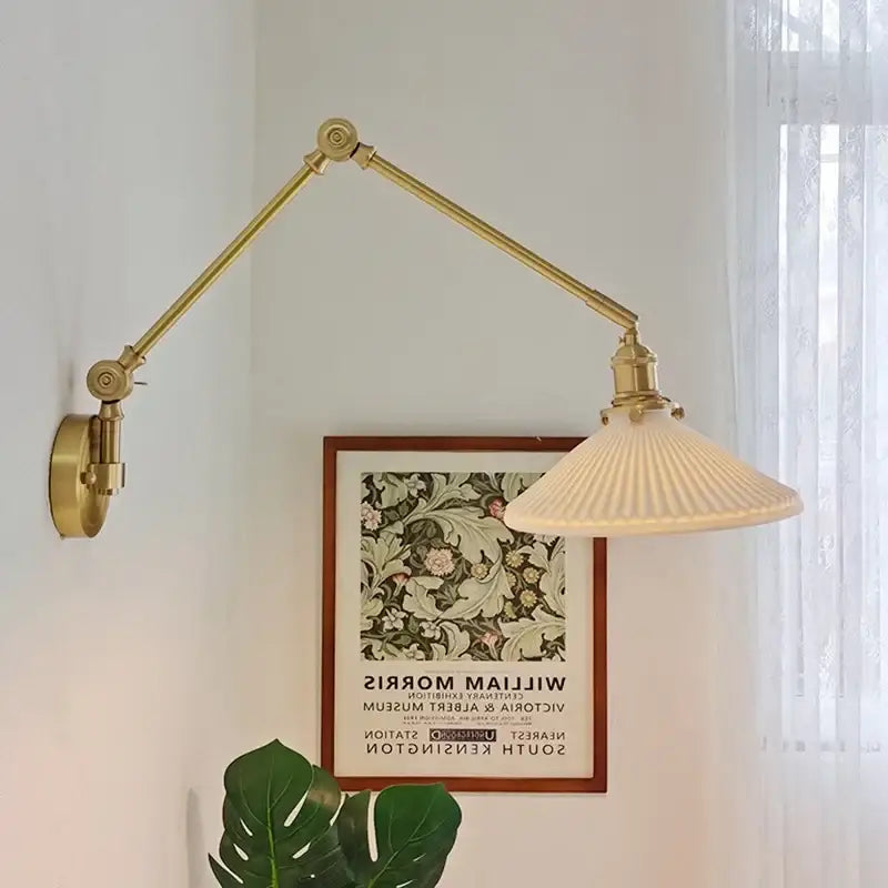 Brass adjustable wall lamp with ribbed off-white ceramic copper led glass shade for bedroom decorbites ceramic copper sconce