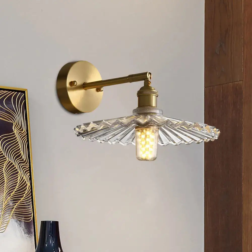Brass scalloped glass shade bedside sconce light fixture with clear fan-shaped glass shade and exposed led bulb