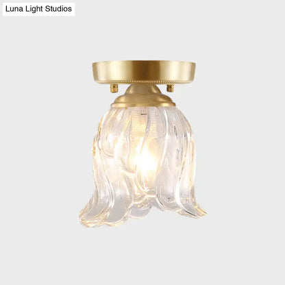 Decorbites brass 1-light semi flush mount with clear ripple fluted glass cone flower design for living room ceiling