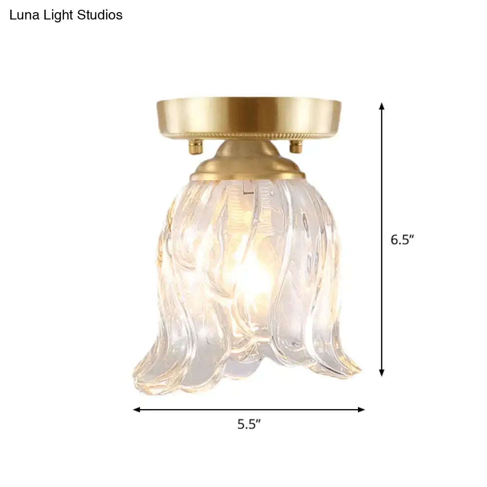 DecorBites brass 1-light semi flush mount with clear ripple fluted glass cone flower design for living room ceiling