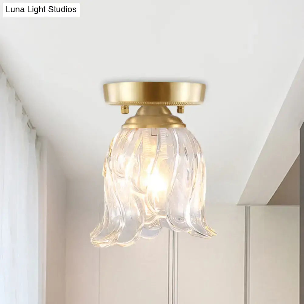 DecorBites Brass 1-light semi flush mount with clear ripple fluted glass cone flower design and gold metal base