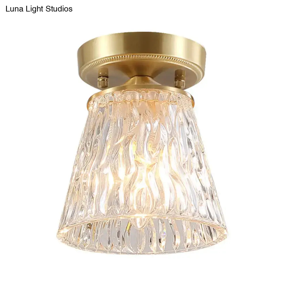 DecorBites brass semi flush mount ceiling light with clear ripple fluted glass cone flower design for living room