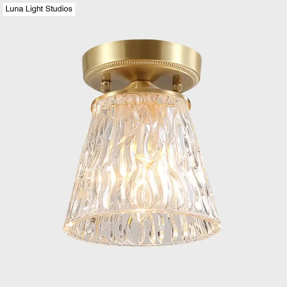 Decorbites brass 1-light semi flush mount with gold finish clear ripple fluted glass cone flower design for living room ceiling