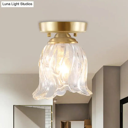 Decorbites brass 1-light semi flush mount with clear ripple fluted glass cone flower design for living room ceiling
